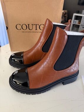 Women’s Quilted Chelsea Boots Two Tone Dress Boot Shoes Coutgo-  Cognac